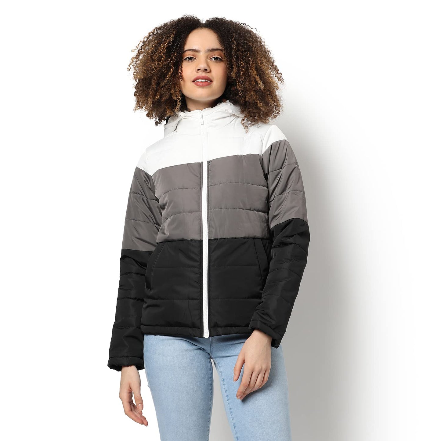Campus Sutra Women Grey & Black Colour-Blocked Puffer Regular Fit Bomber Jacket For Winter Wear | Standing Collar | Full Sleeve