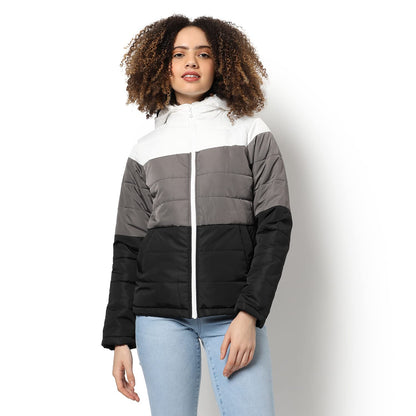 Campus Sutra Women Grey & Black Colour-Blocked Puffer Regular Fit Bomber Jacket For Winter Wear | Standing Collar | Full Sleeve