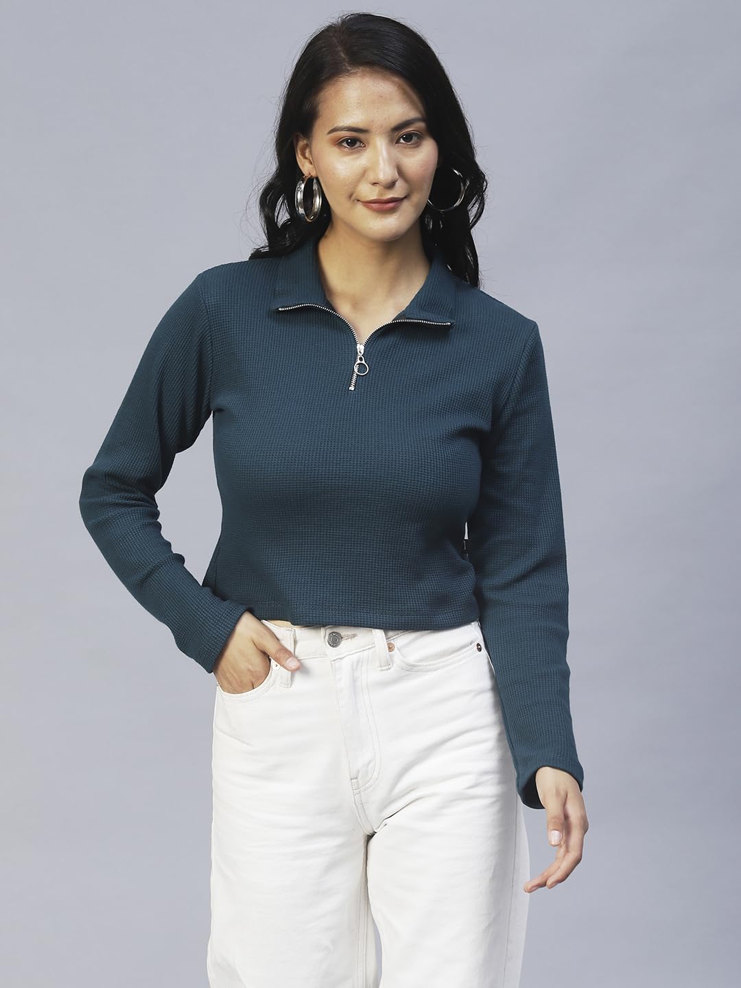 Rigo Waffle Knit Top for Women | High Collar Zipper Top for Women | Long Sleeves, Western Crop Tops for Women | Stylish Top for