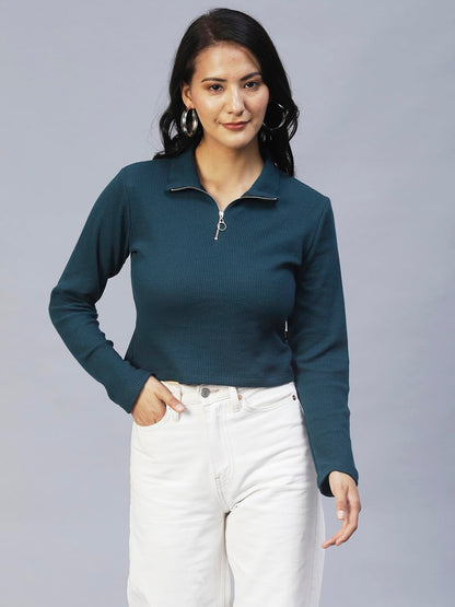 Rigo Waffle Knit Top for Women | High Collar Zipper Top for Women | Long Sleeves, Western Crop Tops for Women | Stylish Top for