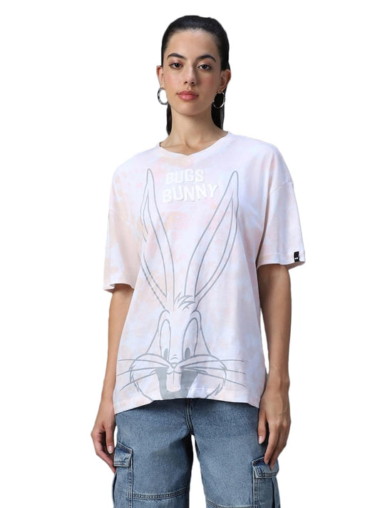 Bewakoof Official Looney Tunes Merchandise Womens Graphic Printed Oversized Fit Half Sleeve V-Neck Cotton T-Shirt_ 589790 White