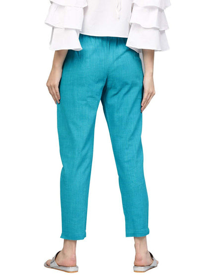 Digital Shopee Women Regular Fit Elastic Waist Full Length Cotton Formal Trouser For Casual Wear, Office Wear Turquoise