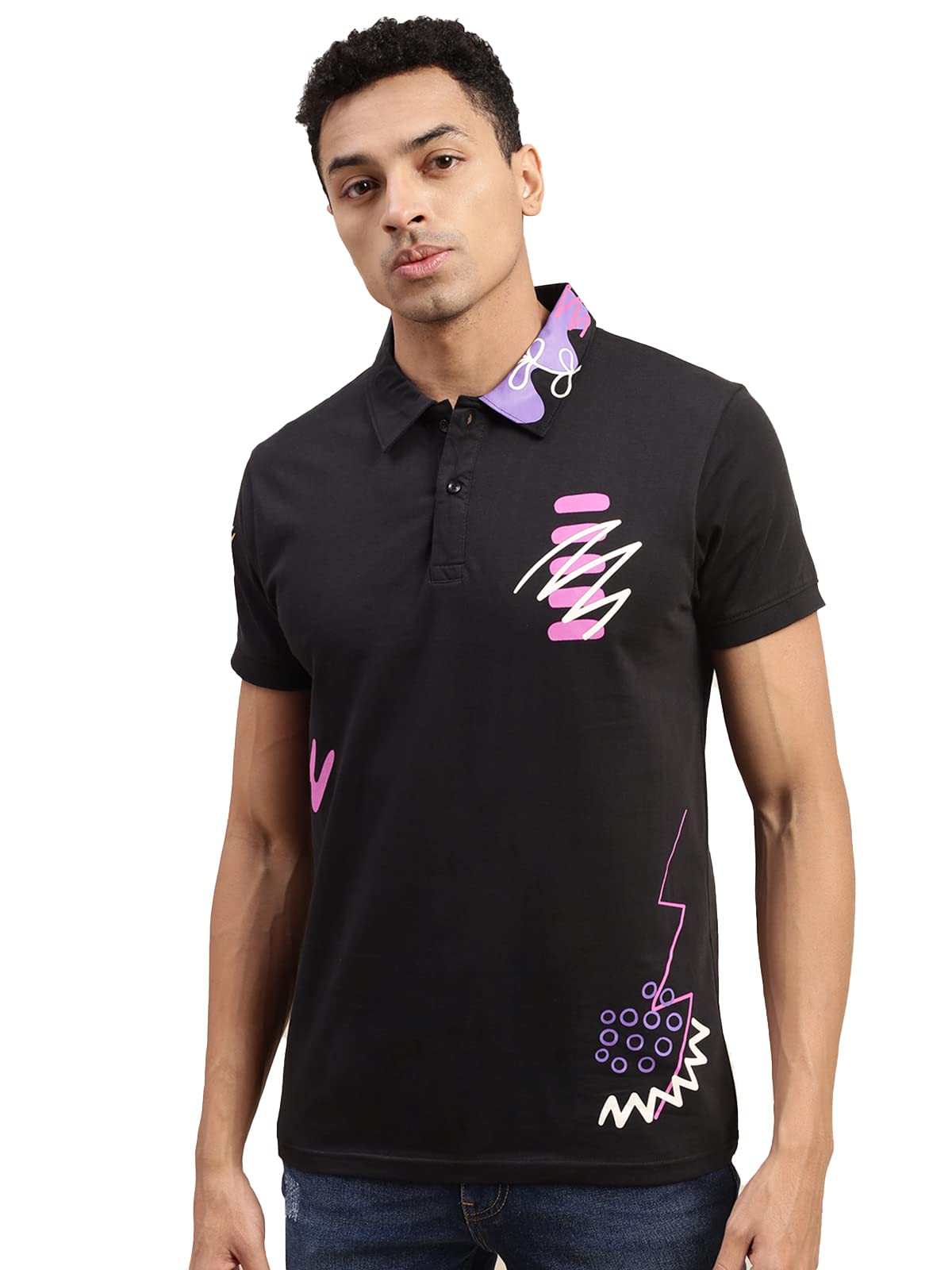Veirdo Mens Cotton Abstract Graphic Printed Regular Fit Polo T-Shirt