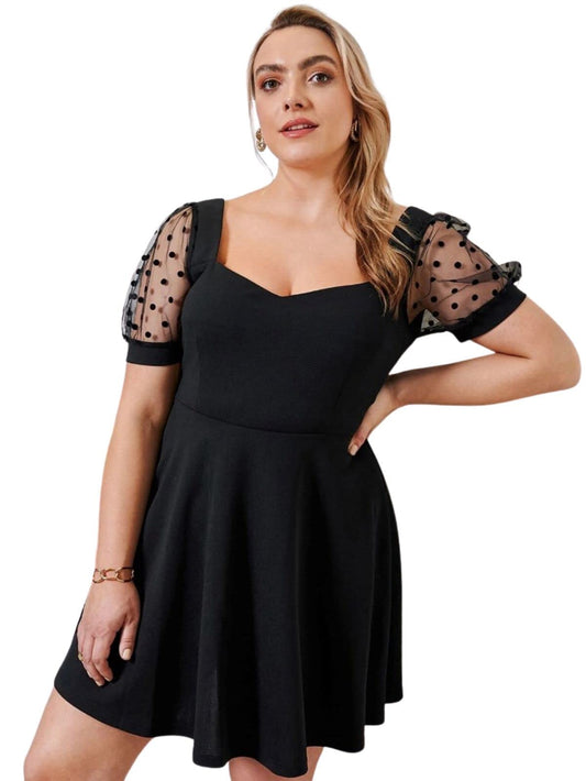 Greciilooks Western Dress For Women || Lycra Solid Fancy Dress For Girls || Dot Printed Mesh Short Net Sleeve || Flared Dress Fo