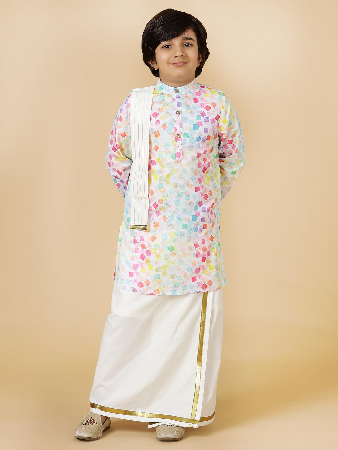 A.T.U.N. (ALL THINGS UBER NICE) Boys Cube Printed Kurta with Elasticated Mundu with Underneath Shorts Set
