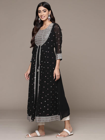 ishin Women's Georgette Ethnic Motifs Beige Anarkali Kurta