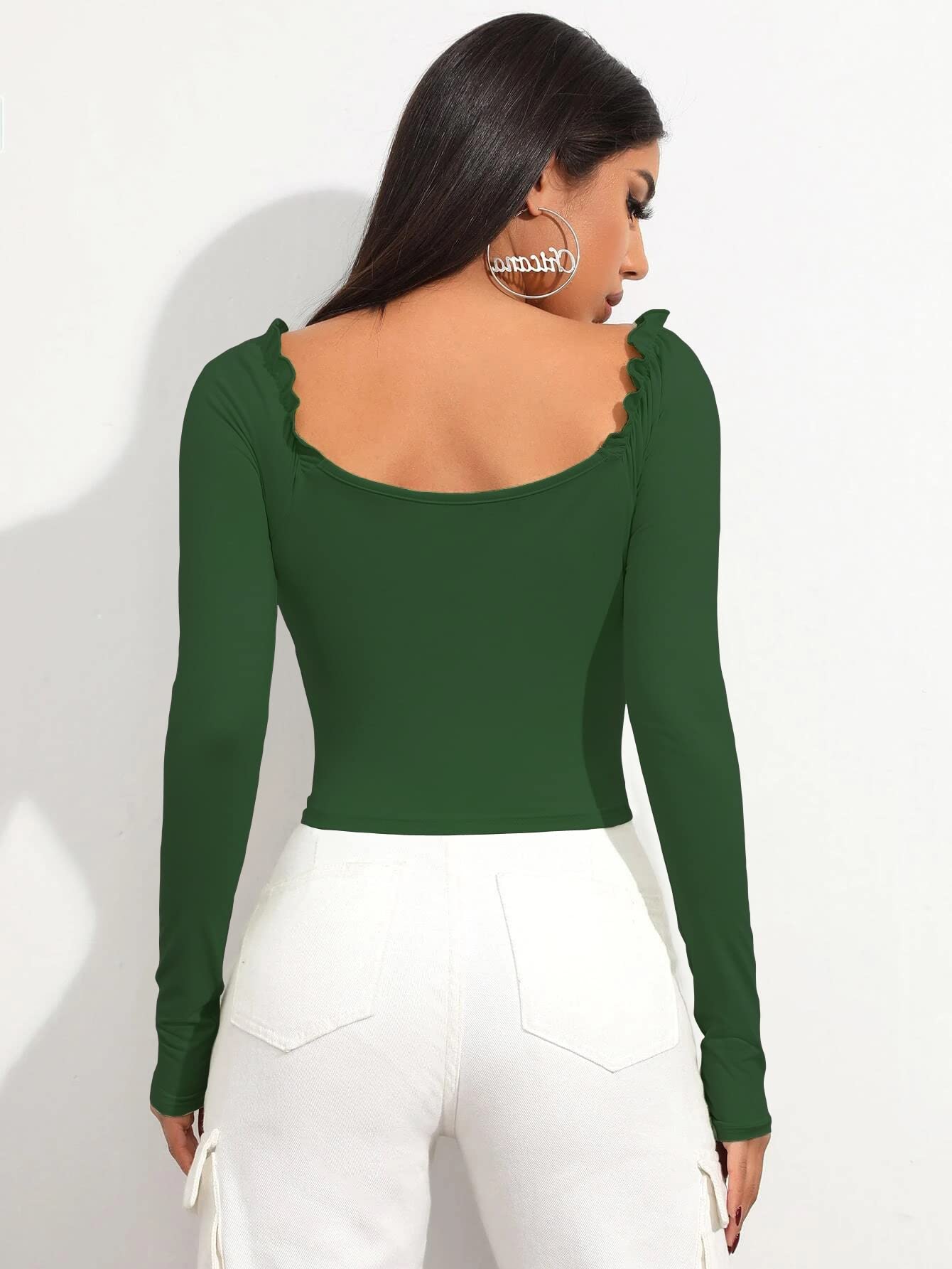 Shasmi Womens & Girls Bottle Green Full Sleeve, Sweat Hear Neck, Frill Trim Ruched Crop Top for Women, Tops, T-Shirts for Girl