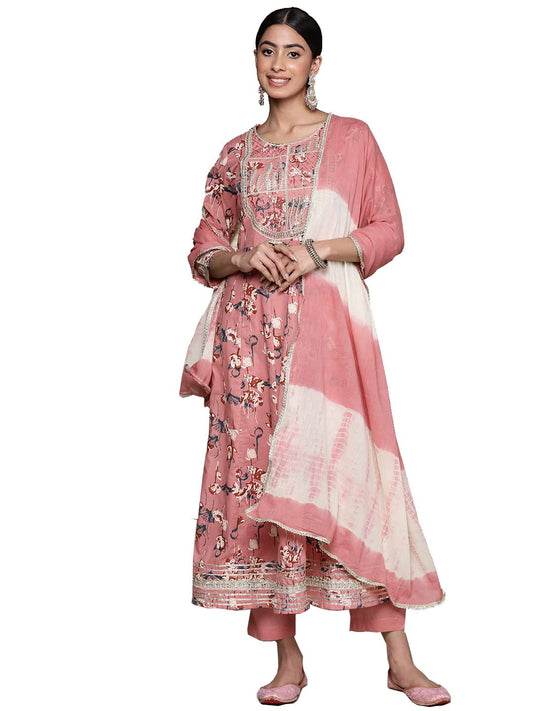 ishin Women's Turquoise Pure Cotton Zari Flared Floral Print Kurta Set with Pants & with Dupatta