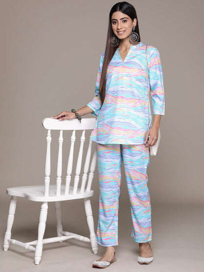 ZIYAA Womens Women's Blue Crepe A-Line Kurta And Palazzo Set