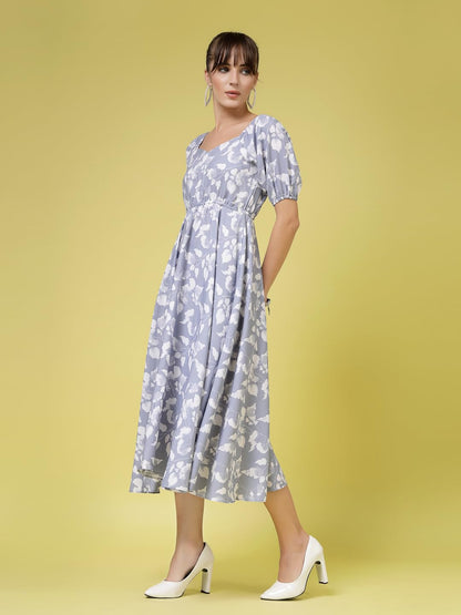 Oomph! Flared Dress For Women Stylish | Long One Piece For Women | Puff Sleeve Long Dress | Floral Print Maxi One Piece | Wester