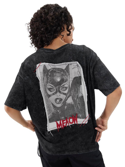 The Souled Store Official Catwoman: Meaow Women and Girls Short Sleeves Round Neck Black Graphic Printed Cotton Oversized T-Shir