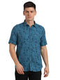 Turtle Men Cotton Lyocell Slim Fit Teal Blue Printed Casual Shirt
