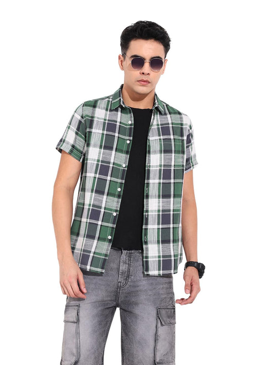 The Indian Garage Co Mens Slim Fit Checkered Cutaway Collar Half Sleeves Shirt