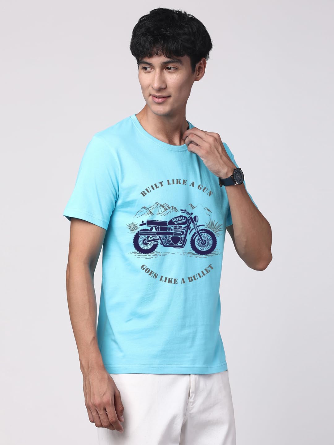 ADRO Men's Royal Bike Design Printed 100% Cotton T-Shirt - Regular Fit, Printed T-Shirts for Men (RN24-RYL-MI_Mint)