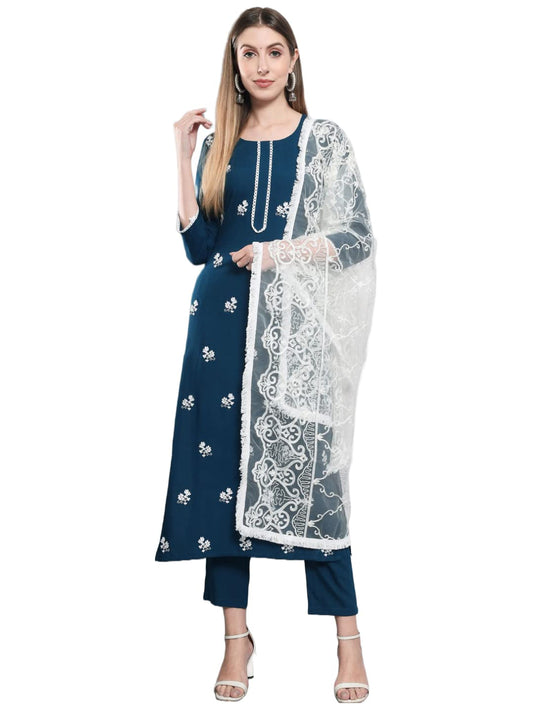 ANNI DESIGNER Women's Cotton Blend Embroidered Straight Kurta with Pants & Dupatta (ASANA)