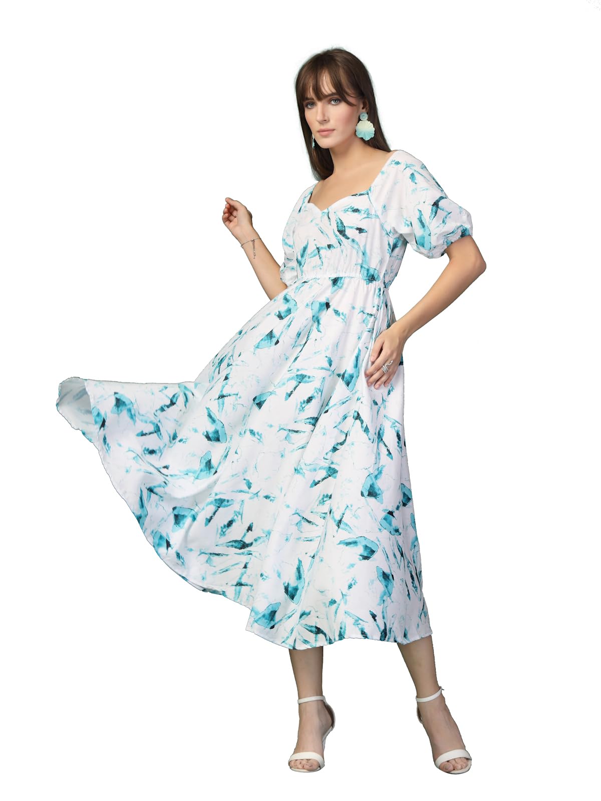 Oomph! Flared Dress For Women Stylish | Long One Piece For Women | Puff Sleeve Long Dress | Floral Print Maxi One Piece | Wester