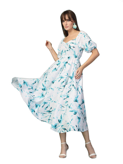 Oomph! Flared Dress For Women Stylish | Long One Piece For Women | Puff Sleeve Long Dress | Floral Print Maxi One Piece | Wester