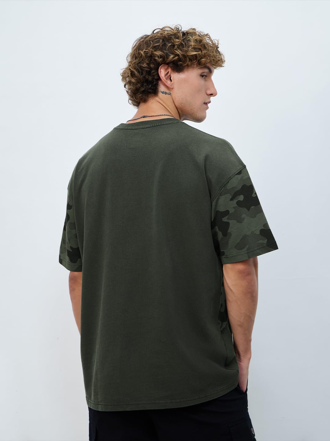 The Souled Store Panel Detail: Forest Camo Men and Boys Short Sleeves Round Neck Green Printed Cotton Oversized T-Shirts