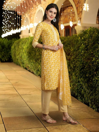 Pinkmint WomenS Cotton Straight Printed Kurta Set With Dupatta L WomenS Kurta Suit Set L Kurta With Pant Set Yellow
