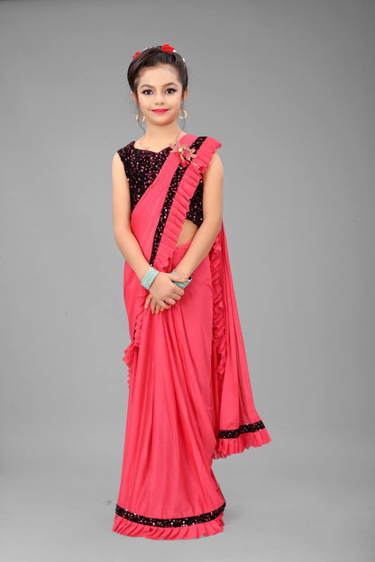 Dhyey fashion Girls Lycra Blend Ruffle Pattern Saree With Velvet Unstitched Blouse Piece