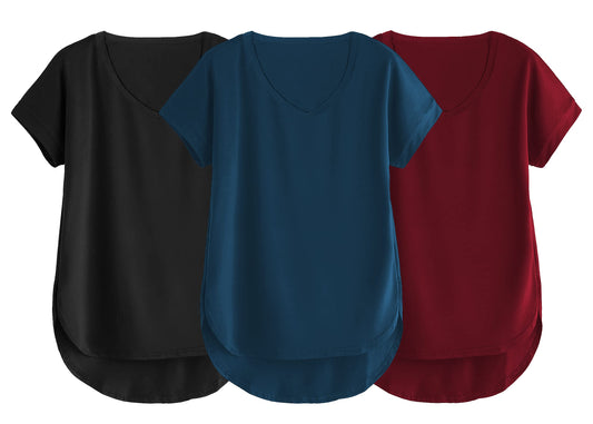 Fabricorn Combo Of Three Plain Maroon, Black And Airforce Blue V-Neck Up And Down Cotton Tshirt For Women (Maroon, Black, Airfor