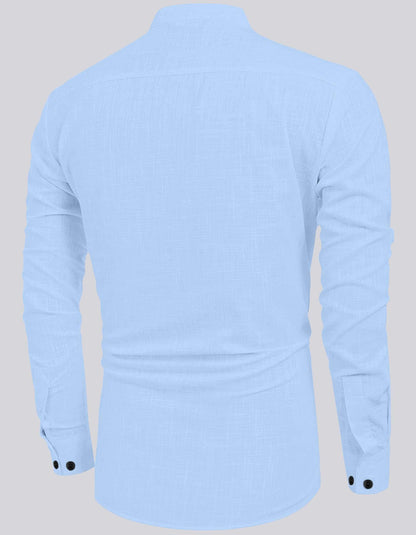 Hemrin MenS Cotton Blend Full Sleeve Short Kurta Shirt With Mandarin Collar Sky Blue