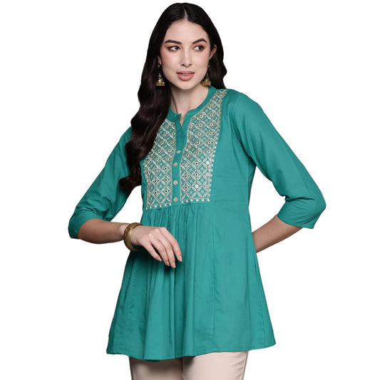 anubhutee Women's Pure Cotton Embroidered Turquoise Blue Straight Kurti