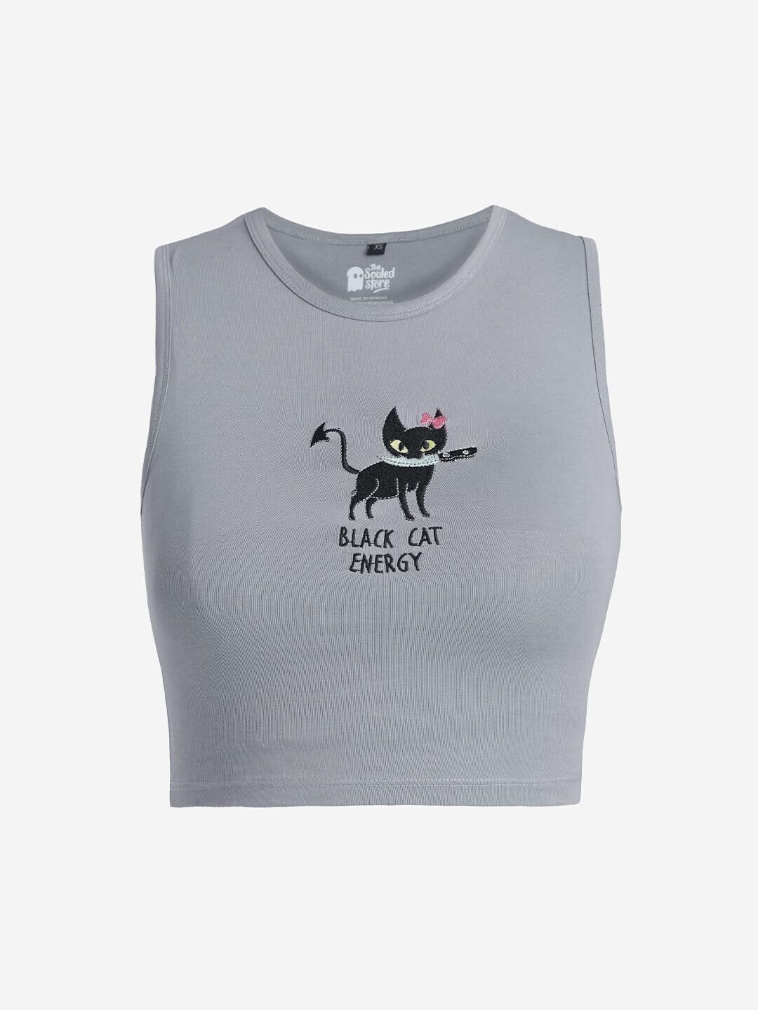 The Souled Store Tank Top: Black Cat Energy Women and Girls Round Neck Sleeveless Grey Embroidered Cotton Blend Slim Fit Tank To