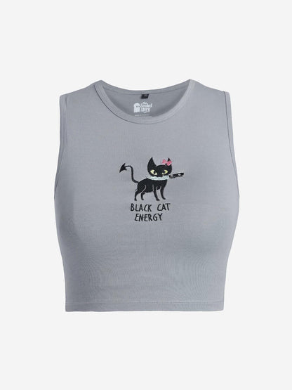 The Souled Store Tank Top: Black Cat Energy Women and Girls Round Neck Sleeveless Grey Embroidered Cotton Blend Slim Fit Tank To