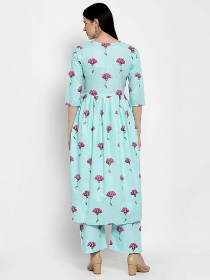 ANNI DESIGNER Women's Sea Green Cotton Anarkali Kurta with Plazzo (SARA SEA Green)