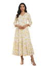 Aurelia WomenS Yellow Floral Printed Lace Pure Cotton Flared Dress - (A16598-510584-2Xl)