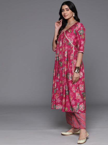 Libas Womens Printed Silk Blend A-Line Kurta With Palazzos And Dupatta