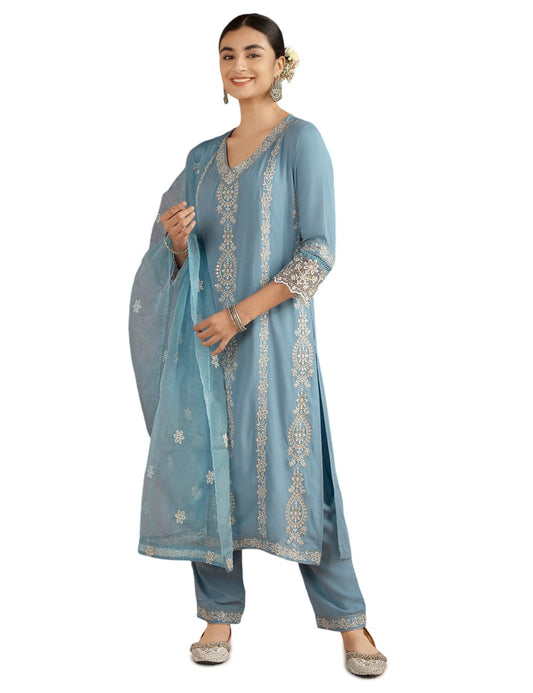 Kaari Rayon Staple 3 PCS Women Kurta Set (KAAAW26WSKD-82026_Jodhpur Blue