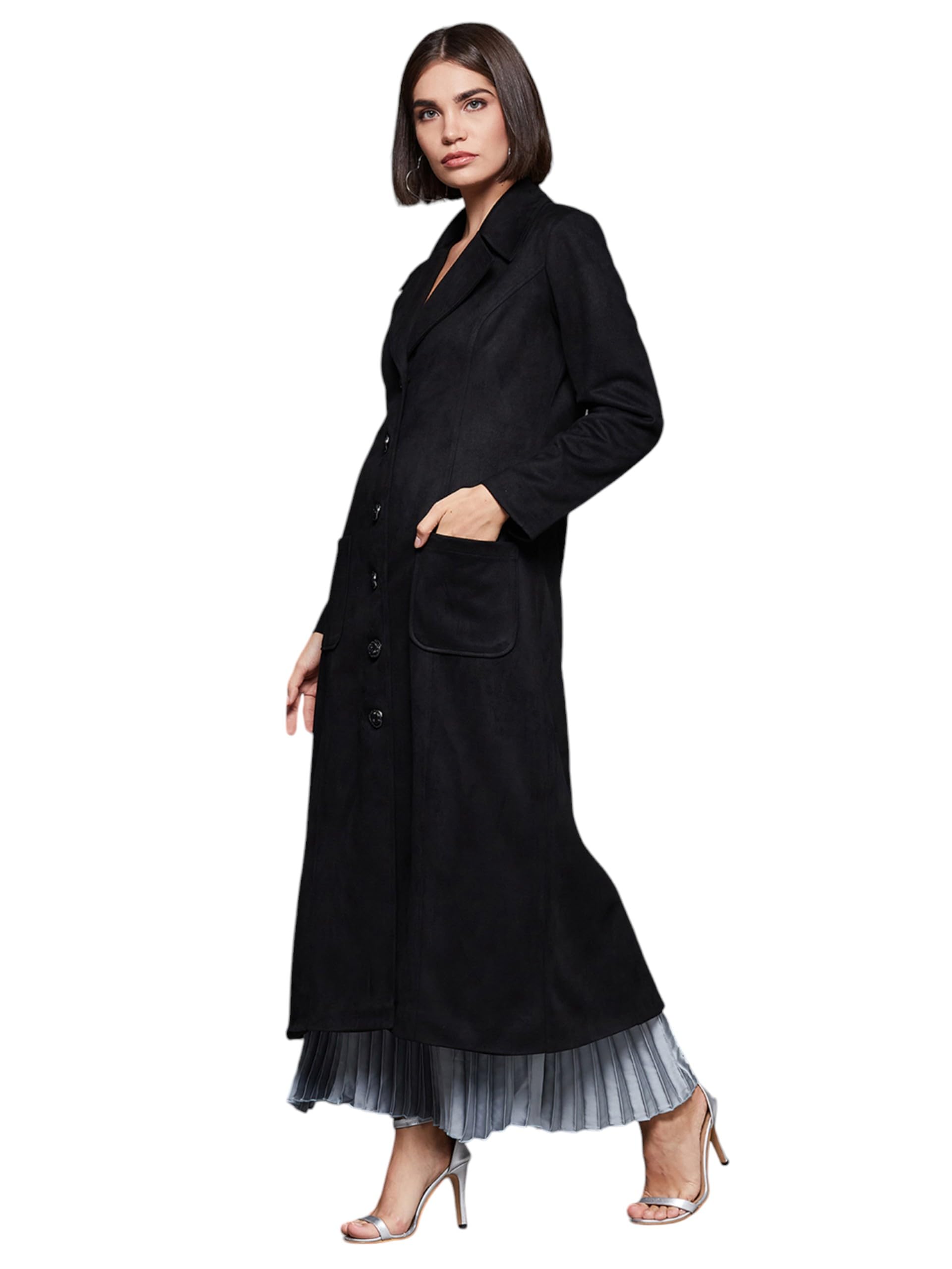 Miss Chase Womens Solid V Neck Full Sleeve Longline Button down Jacket (MCAW24JKT03-60-62-06, Black, XL)
