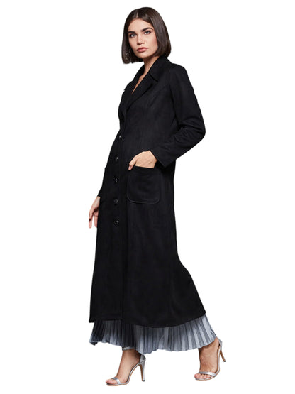 Miss Chase Womens Solid V Neck Full Sleeve Longline Button down Jacket (MCAW24JKT03-60-62-06, Black, XL)