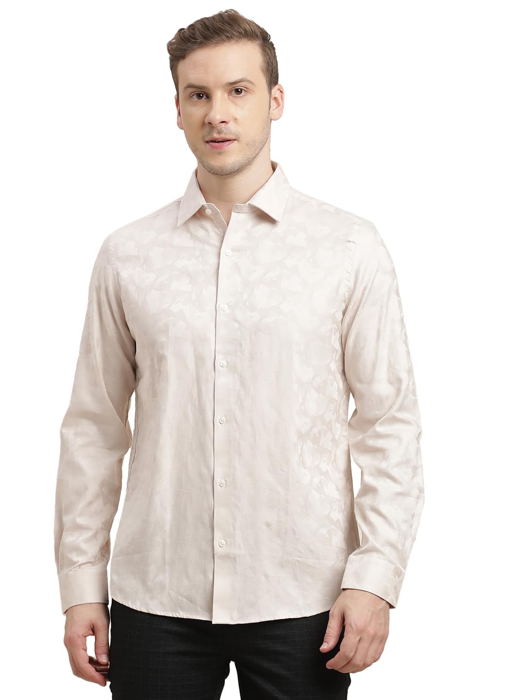 Turtle Men 100% Cotton Slim Fit Beige Jacquard Print Full Sleeve Party Shirt