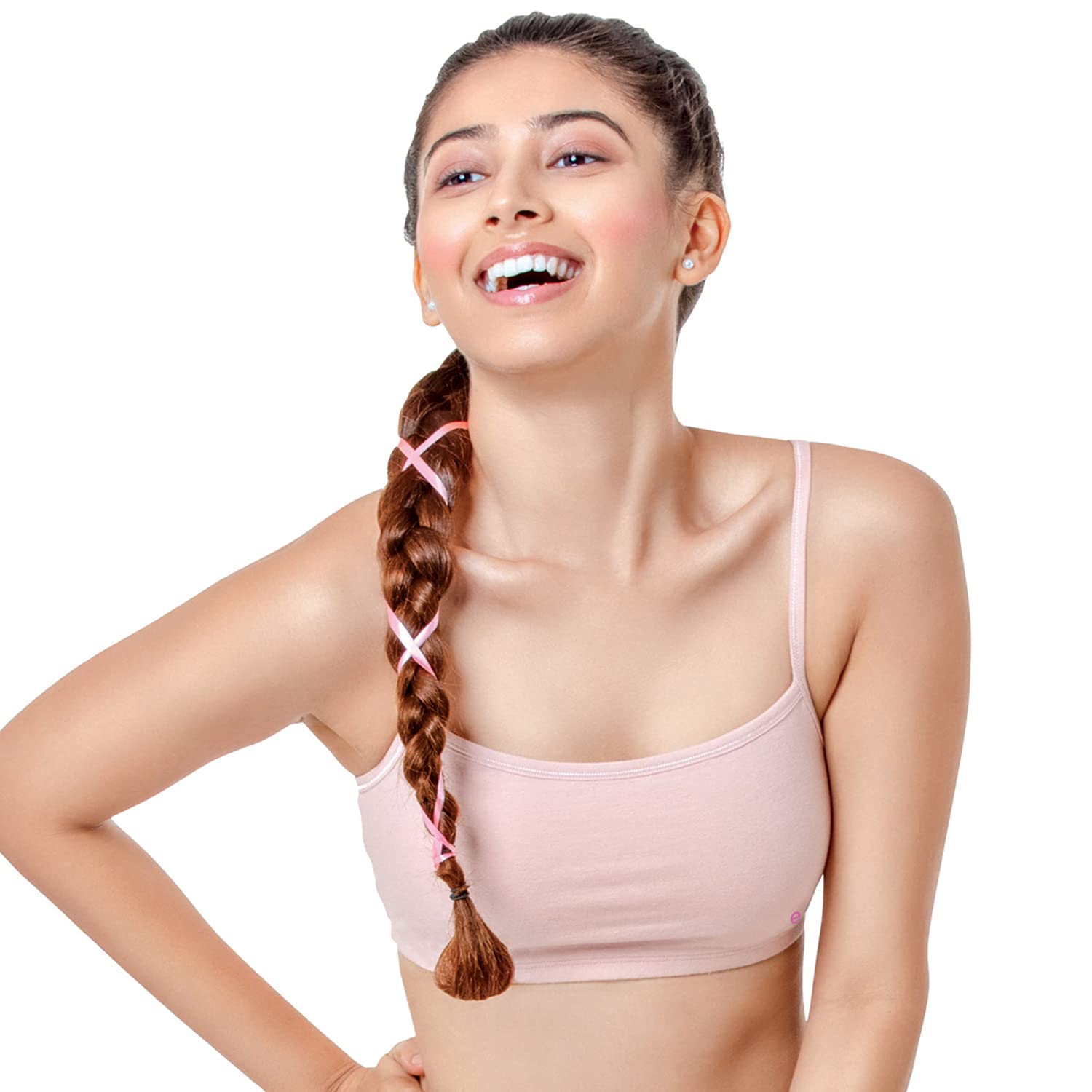 Enamor Womens Slim Strap Stretch Cotton Non-Padded Antimicrobial Beginners Slip-On Wireless Teenager Full Coverage Bra(Bb02-Pea