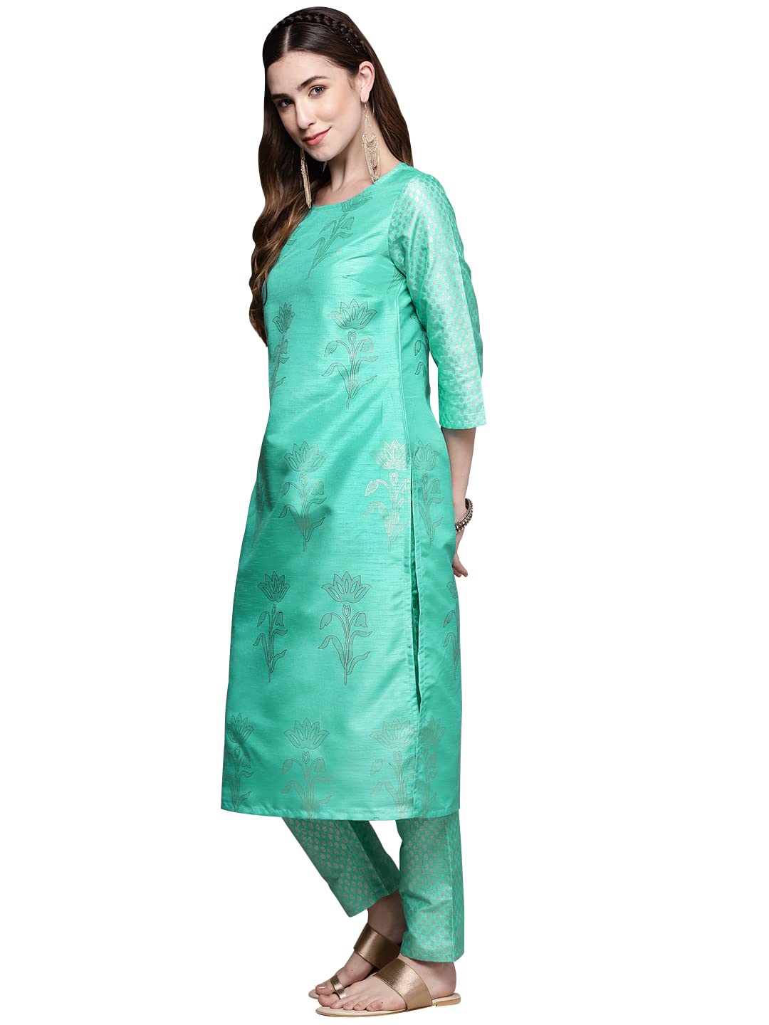 ZIYAA Women's Sea Green Poly Silk Straight Kurta and Pant Set(ZIKUPS2068ANDPA-Sea Green)