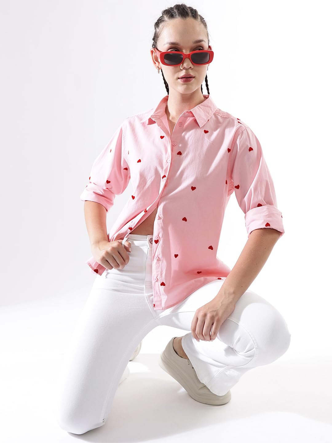 Hubberholme Women Oversized 100% Cotton Embroidered Spread Collar Shirts-2