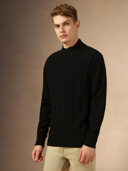 Dennis Lingo Men Black Solid Slim Fit Full Sleeve Mock Collar Pullover Sweater