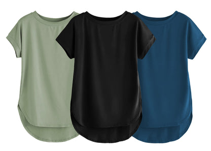 Fabricorn Combo Of Three Plain Black, Sage Green And Airforce Blue Round Neck Up And Down Cotton Tshirt For Women (Black, Sage G