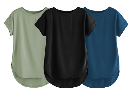 Fabricorn Combo Of Three Plain Black, Sage Green And Airforce Blue Round Neck Up And Down Cotton Tshirt For Women (Black, Sage G