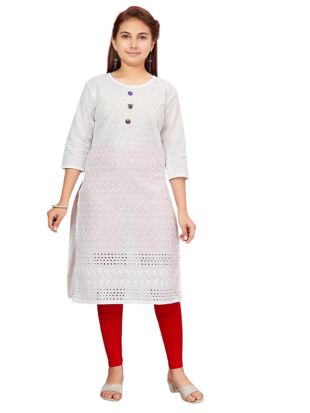 Aarika Girls White Colour Cotton Embroidery Kurti, White, 8-9 Years
