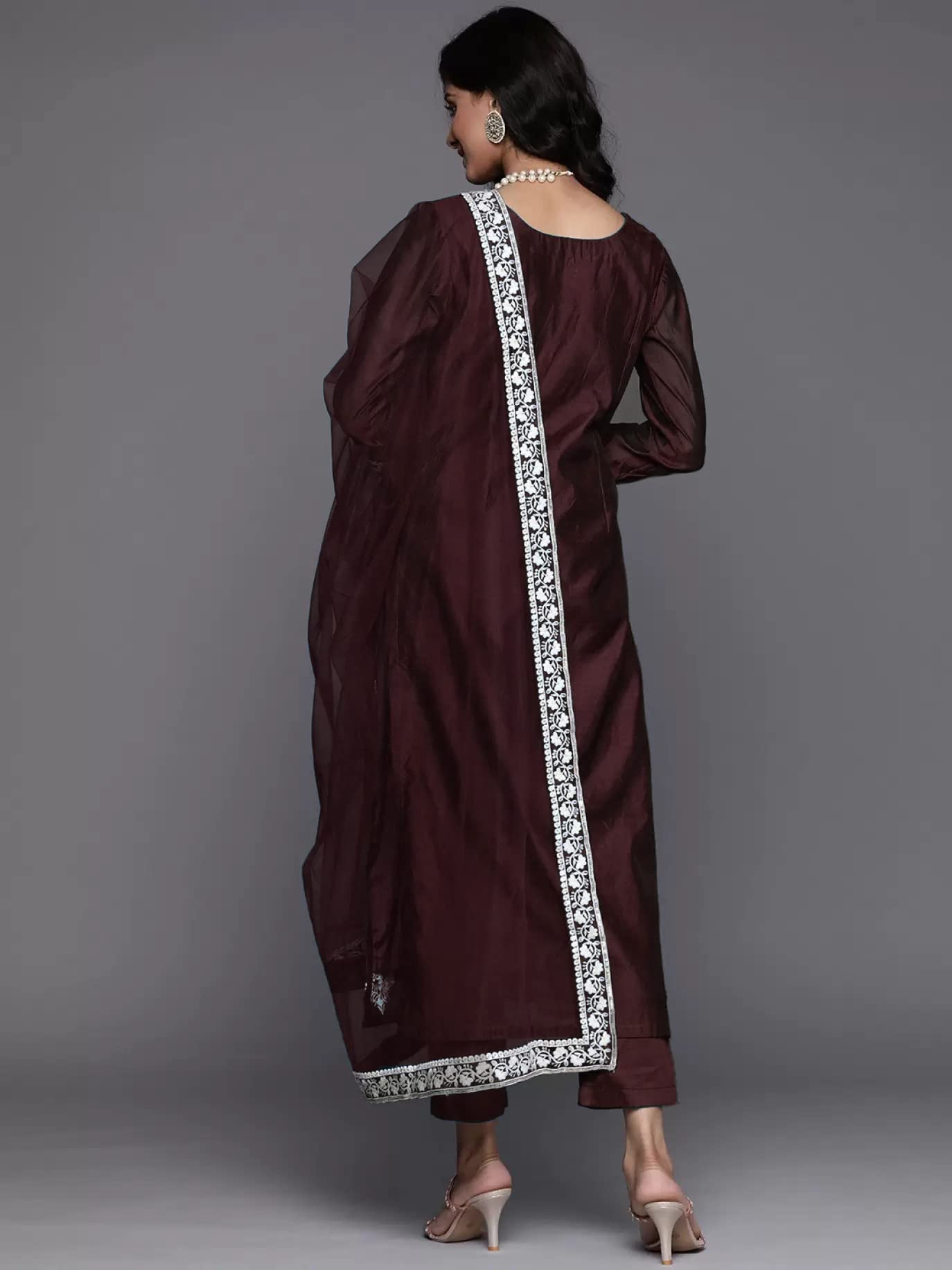 GoSriKi Women's Cotton Blend Straight Embroidered Kurta with Pant & Dupatta (Weekend Wine-Nw2-GS)