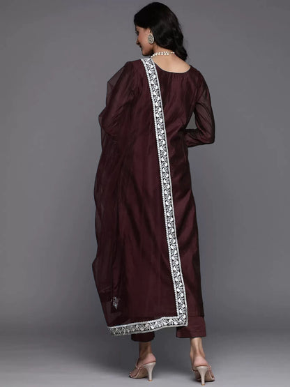 GoSriKi Women's Cotton Blend Straight Embroidered Kurta with Pant & Dupatta (Weekend Wine-Nw2-GS)