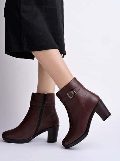 WomenS Brown Faux Leather Ankle Boots With Mid Heel And Buckle Strap  Side Zipper Comfort Booties For Fall & Winter Eu37