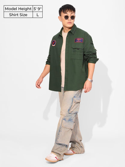 The Souled Store Official Top Gun: Flight Crew Men and Boys Long Sleeves Collared Neck Button Front Green Patch Embroidery Regul