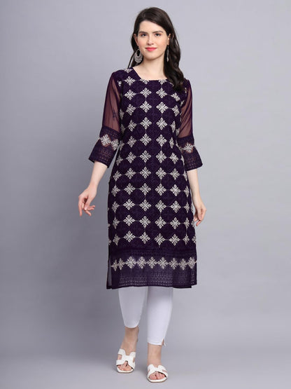 Ekasya WomenS Georgette Straight Cut Sweetheart Round Neck Kurta With Beautiful Lucknowi Chickenkari Embroidery Work (E1606) Wi