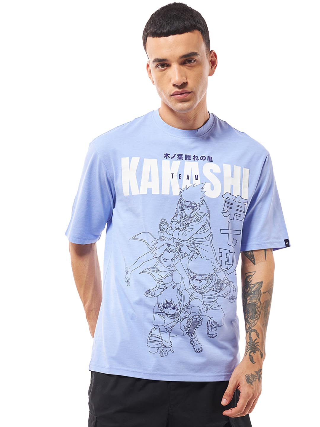 Bewakoof Official Naruto Merchandise Kakashi Chidori MenS Graphic Printed Oversized Fit Half Sleeve Round Neck Cotton Jersey T-S