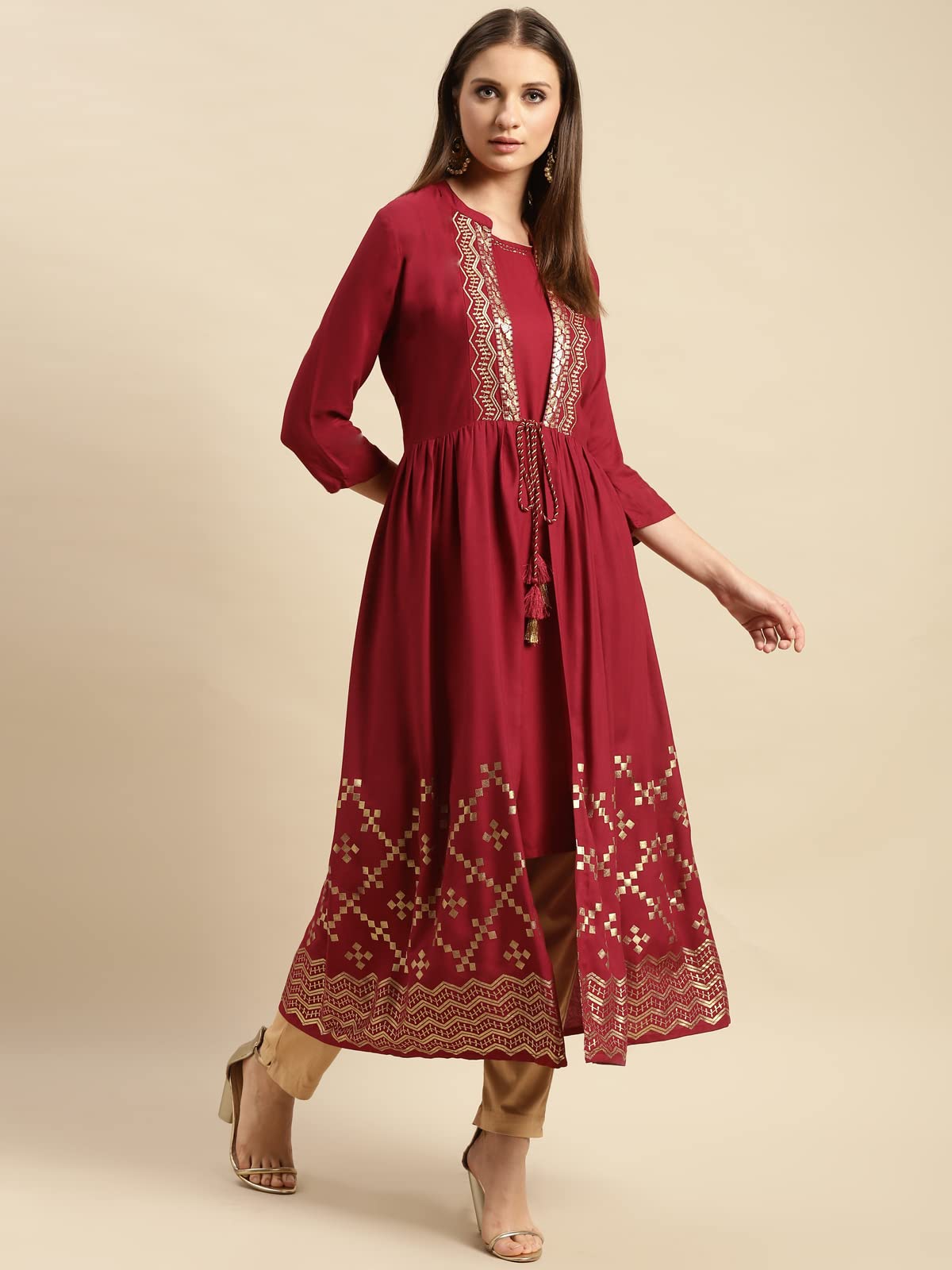 rangita Maroon Rayon Calf Length Printed Double Layered Kurti for Women | Kurta for Women
